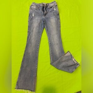Trendy Blue Flare Jeans with Frayed Hem